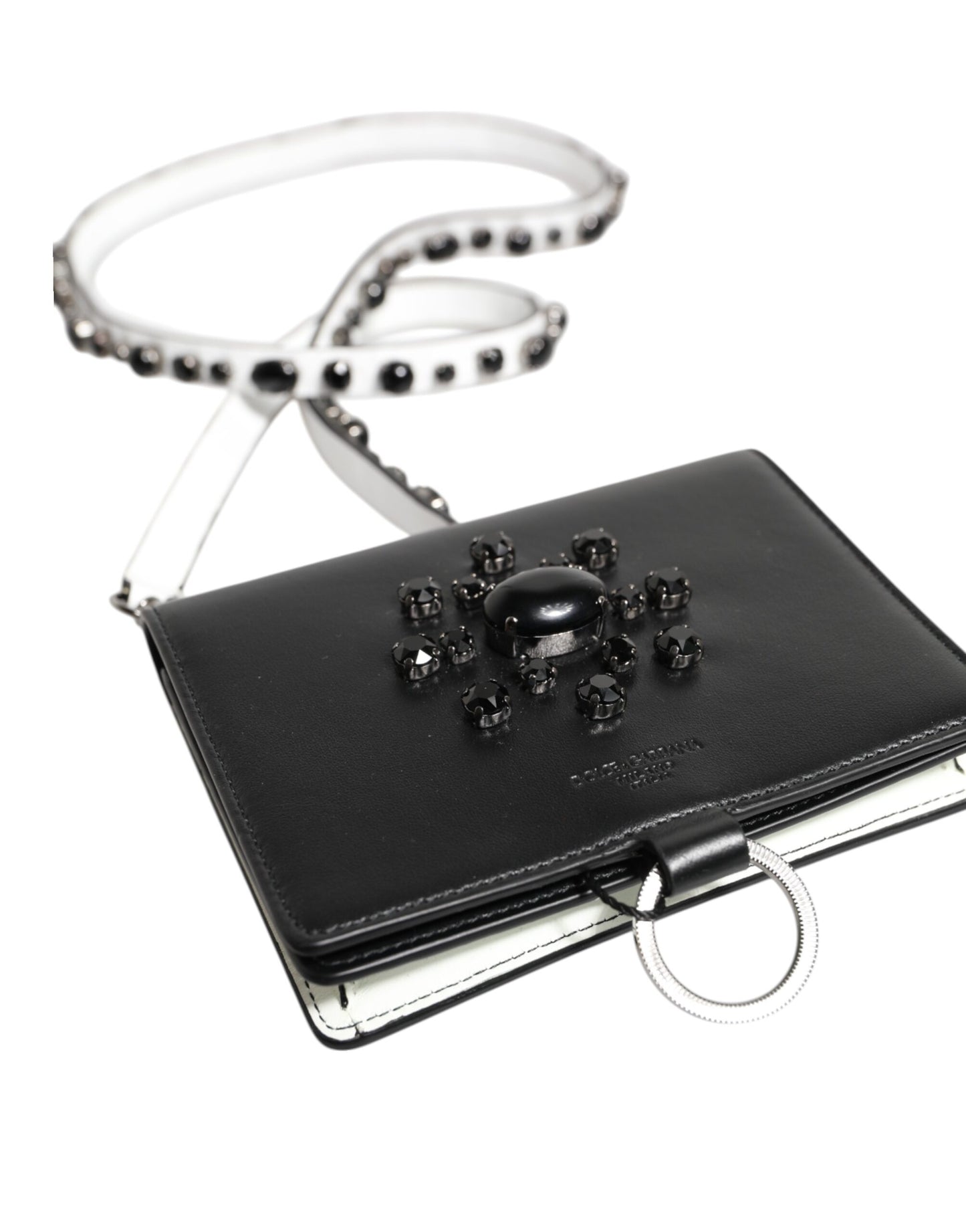 Cardholder Wallet by Dolce & Gabbana for women in brass crystal & calf leather black & silver features a streamlined silhouette, showcasing the streamlined Brass Crystal Calf Leather Cardholder Wallet design with sophisticated card-organization for a premium look.