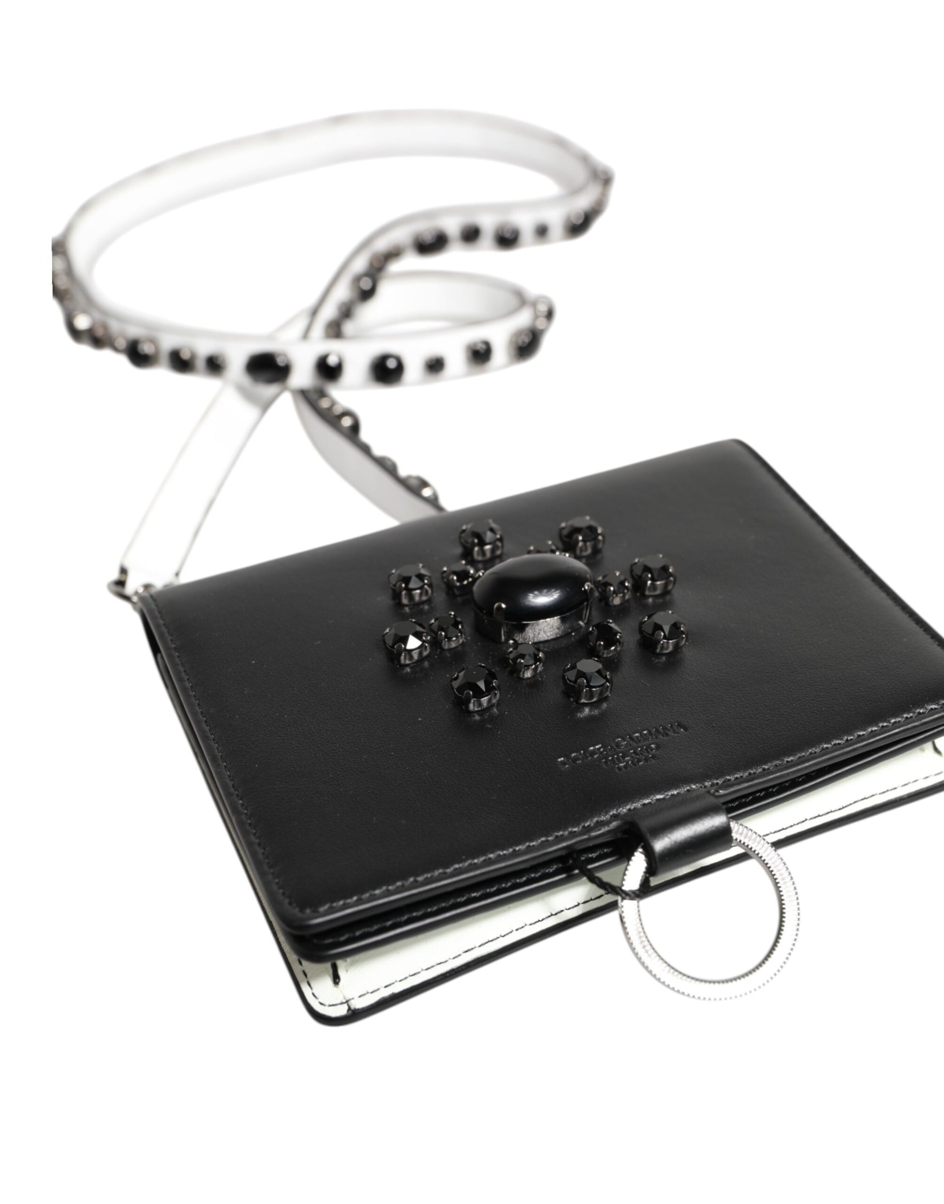 Cardholder Wallet by Dolce & Gabbana for women in brass crystal & calf leather black & silver features a streamlined silhouette, showcasing the streamlined Brass Crystal Calf Leather Cardholder Wallet design with sophisticated card-organization for a premium look.
