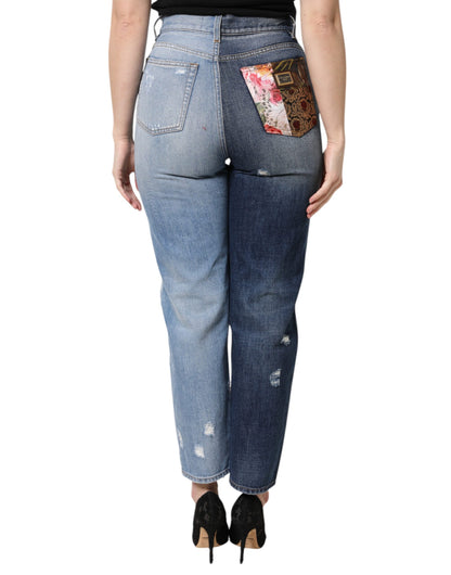 Dolce & Gabbana Women's Tapered Leg High Rise Cotton Denim Nylon Polyester & Silk Jeans - Multicolor Patchwork