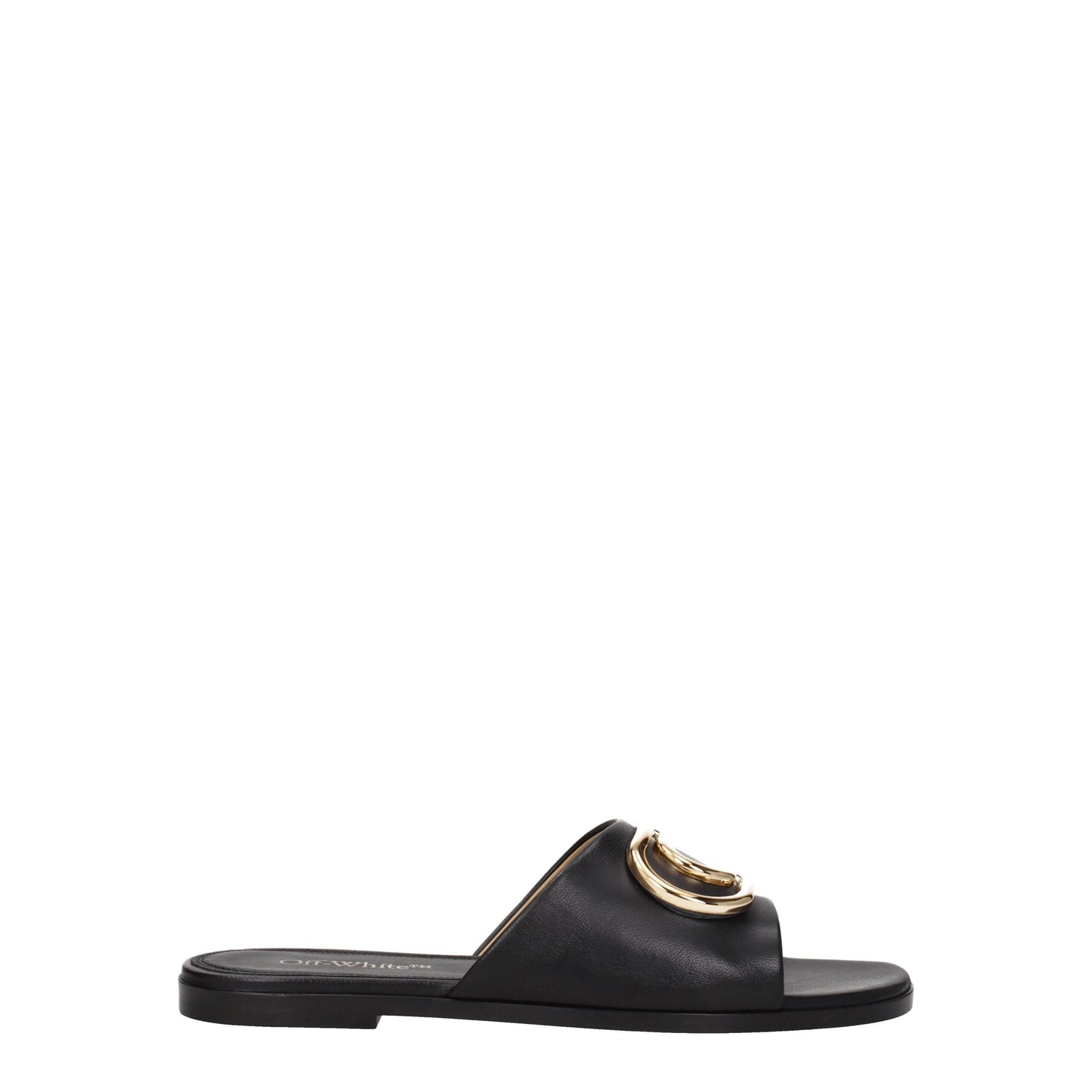 Flat Clogs Sandals by Off-White for women in leather black, gold & white showcases a sculptural silhouette as Women's Leather Flat Clogs Sandals, defined by a sculptural flat and sculptural open toe style for a sculptural look.