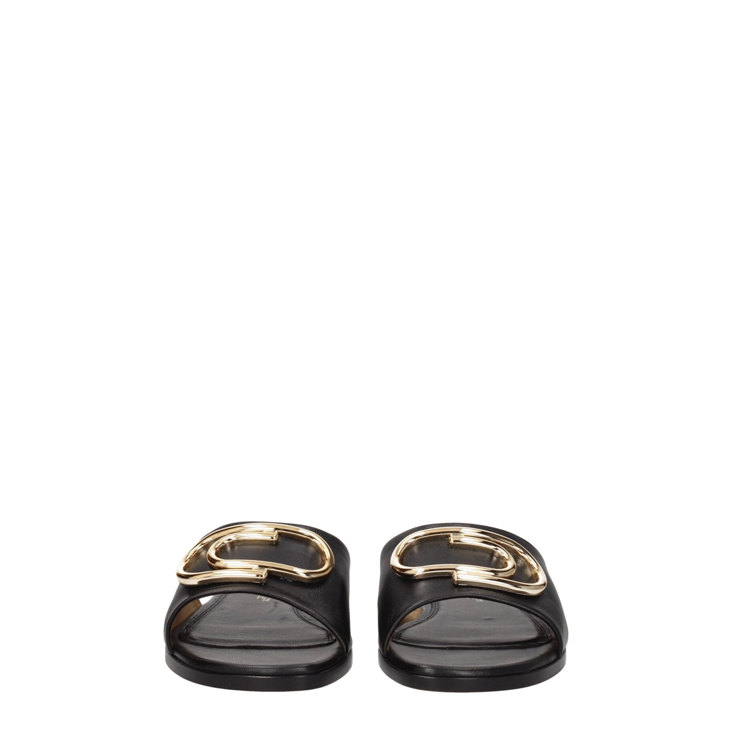 Flat Clogs Sandals by Off-White for women in leather black, gold & white presents a sculptural silhouette, showcasing the Women's Leather Flat Clogs Sandals design with a sculptural flat and open toe style for a premium look.