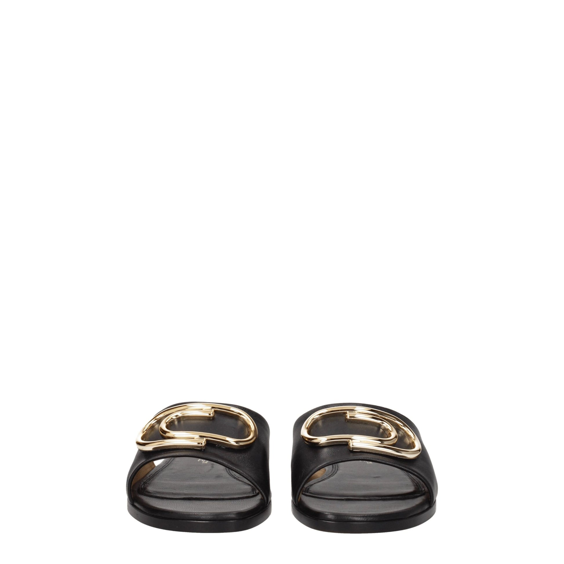 Flat Clogs Sandals by Off-White for women in leather black, gold & white presents a sculptural silhouette, showcasing the Women's Leather Flat Clogs Sandals design with a sculptural flat and open toe style for a premium look.