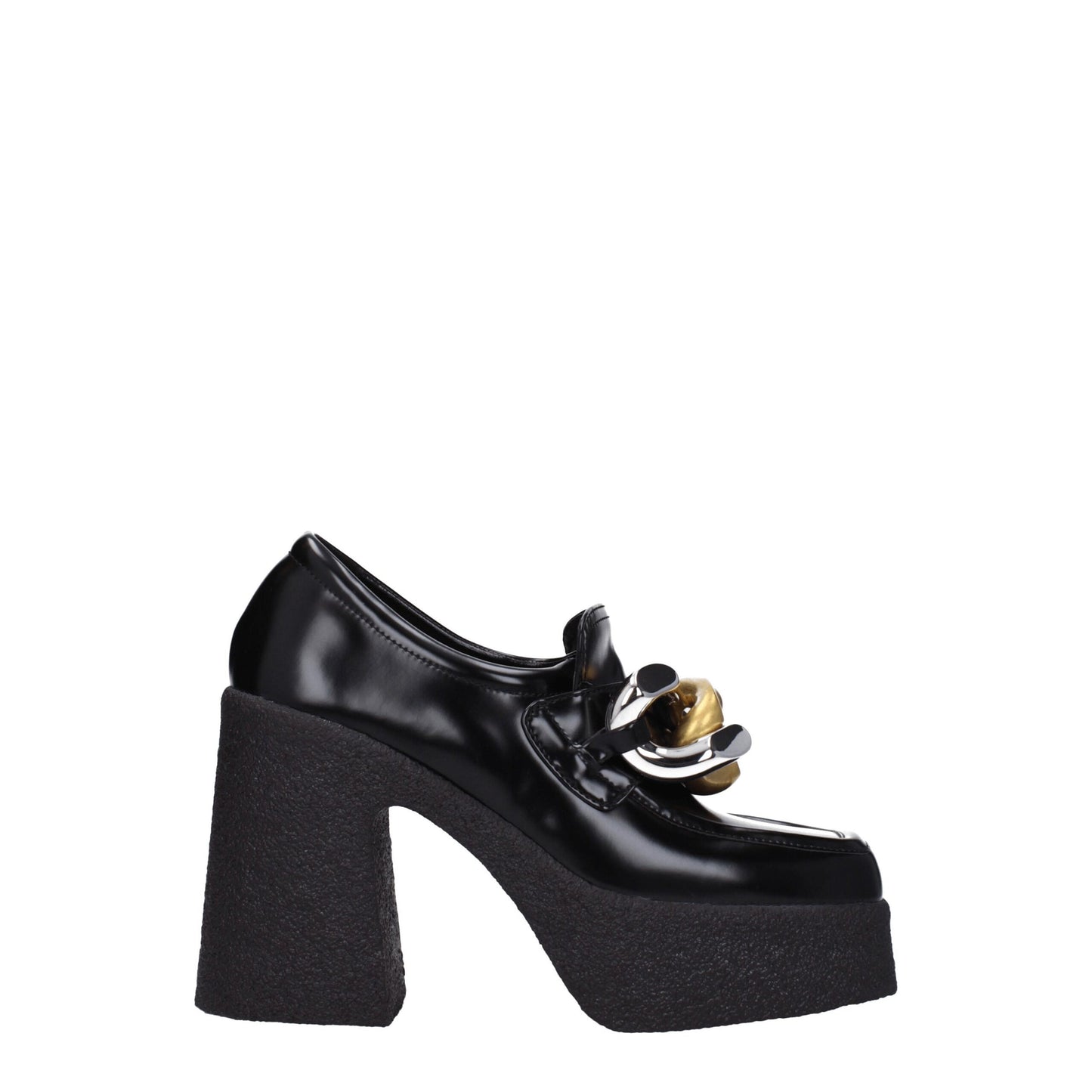 Very-High-Heel Platform Loafer Pumps Shoes by Stella McCartney for women in leather & rubber black features an ergonomic silhouette, perfectly showcasing Women's Leather & Rubber Very-High-Heel Platform Loafer Pumps Shoes with its distinct high-heel platform 11-cm-heel very-high-heel and elegant square toe style.