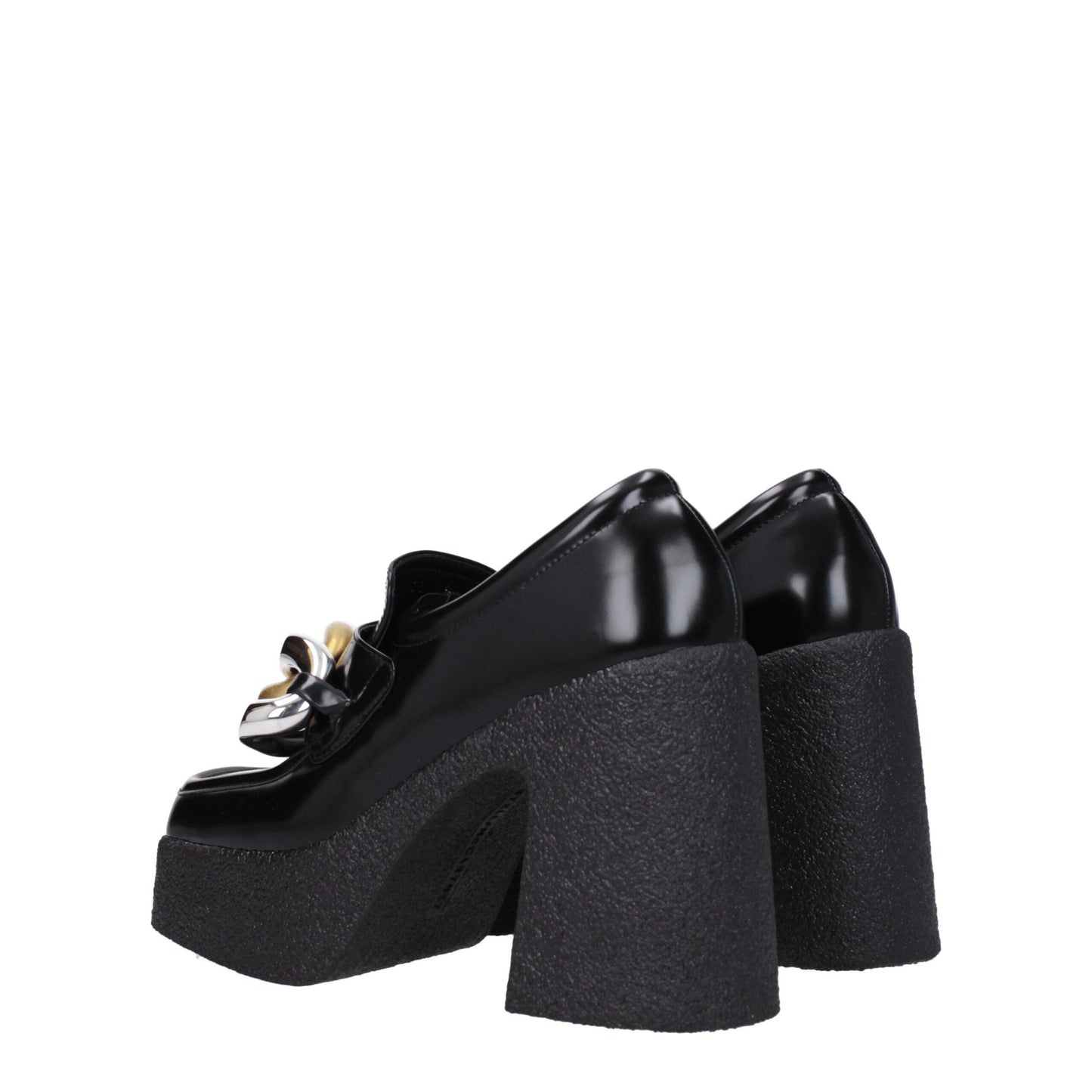 Very-High-Heel Platform Loafer Pumps Shoes by Stella McCartney for women in leather & rubber black showcases a resplendent Women's Leather & Rubber Very-High-Heel Platform Loafer Pumps Shoes aesthetic, defined by its resplendent square toe style and elegant high-heel platform 11-cm-heel very-high-heel.