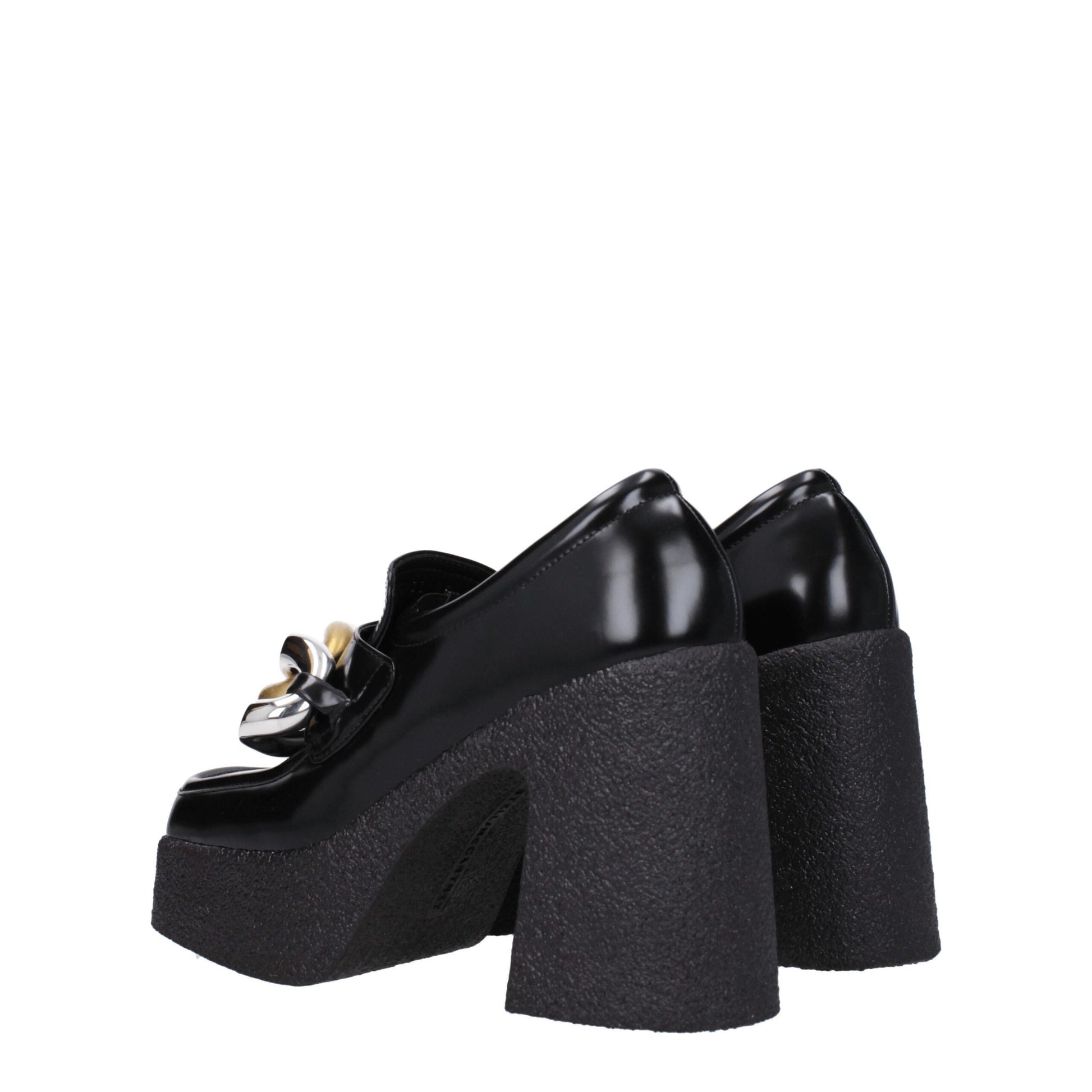 Very-High-Heel Platform Loafer Pumps Shoes by Stella McCartney for women in leather & rubber black showcases a resplendent Women's Leather & Rubber Very-High-Heel Platform Loafer Pumps Shoes aesthetic, defined by its resplendent square toe style and elegant high-heel platform 11-cm-heel very-high-heel.