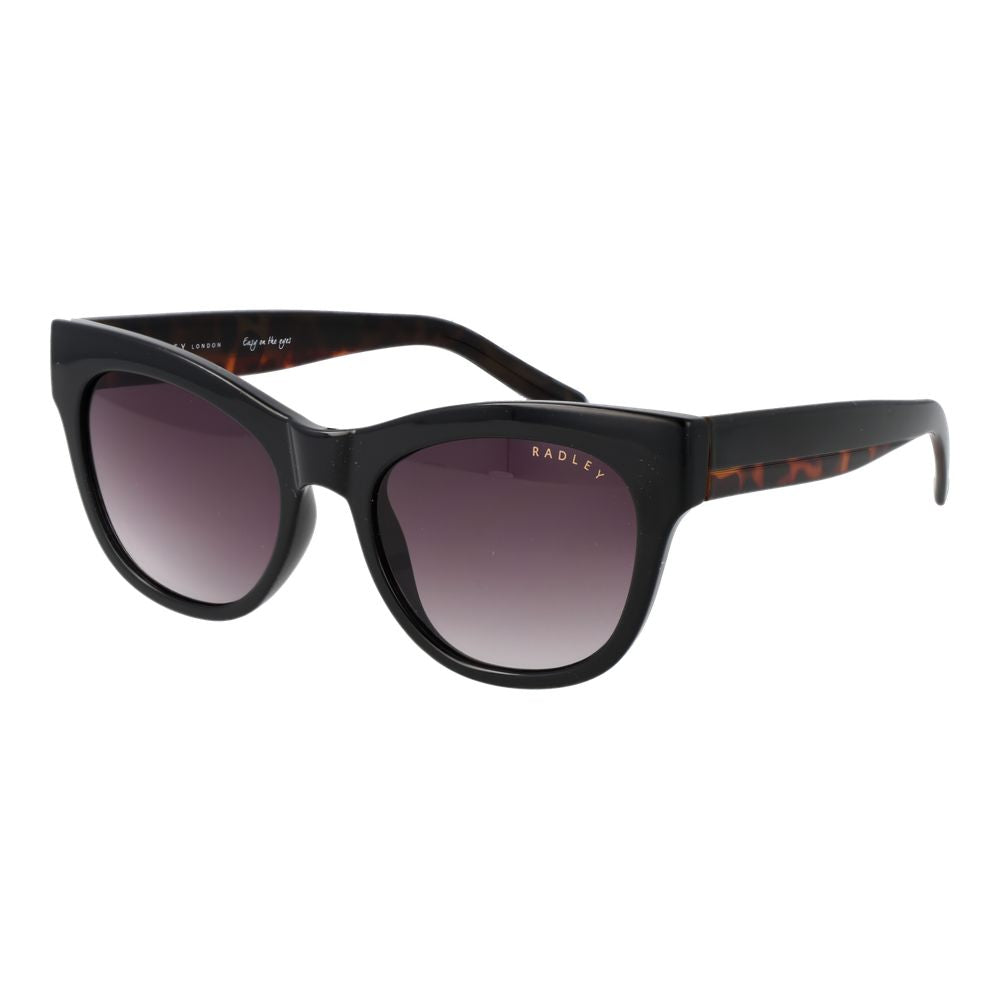 Sunglasses by Radley for women in polycarbonate black features an ethereal butterfly full-rim frame design with black coloured frame frames and polarized mirrored category-3-dark-tint lens for a ethereal finish.