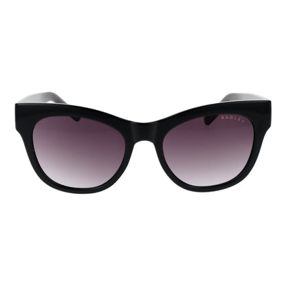 Sunglasses by Radley for women in polycarbonate black features an lustrous butterfly full-rim frame design with black coloured frame detailing and polarized mirrored category-3-dark-tint lens for a lustrous aesthetic.