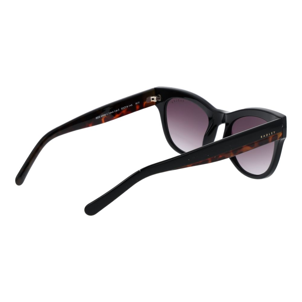 Sunglasses by Radley for women in polycarbonate black features a sumptuous silhouette, showcasing a sumptuous butterfly full-rim frame design in black coloured frame with high-performance polarized mirrored category-3-dark-tint lens.