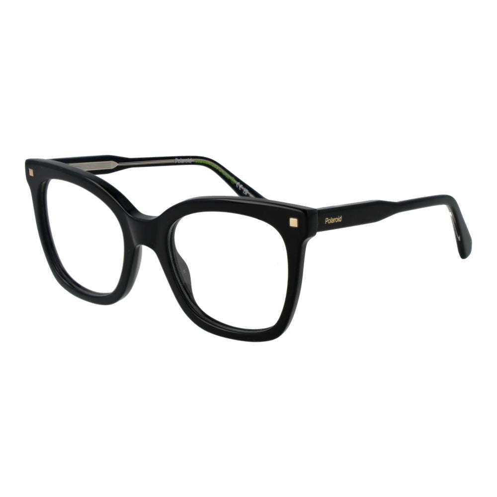 Eyeglasses Frames by Polaroid for women in acetate black showcases a reflective silhouette, artfully incorporating a sophisticated black coloured frame with a distinct full-frame frame design.