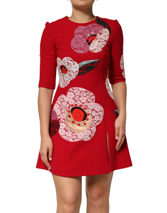 Dolce & Gabbana Women's A Line Cotton Nylon Silk & Wool Mini Dress - Red Floral