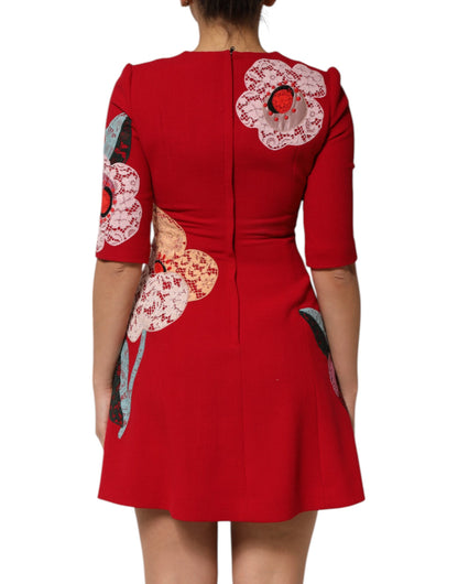 Dolce & Gabbana Women's A Line Cotton Nylon Silk & Wool Mini Dress - Red Floral
