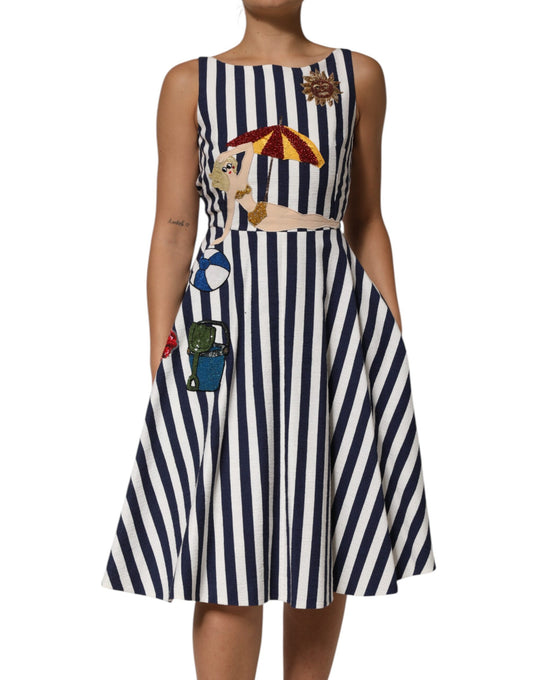 Dolce & Gabbana 9 To 5 Women's A Line Silk & Cotton Knee Dress - Blue White Striped