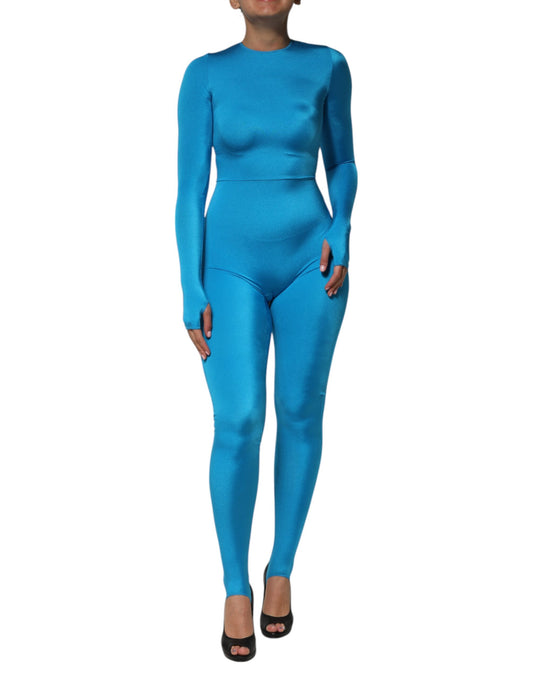 One-Piece by Dolce & Gabbana for women in stretch nylon blue presents a mesmerising silhouette, showcasing a sophisticated crew neckline and long-sleeve for a truly mesmerising finish.