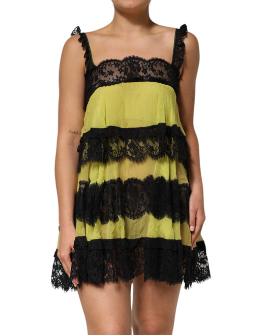 Dress by Dolce & Gabbana for women in cotton silk lace & nylon black, yellow, patterned & floral features an cute silhouette, detailed with a sleeveless and that elegantly flows into a cute short.