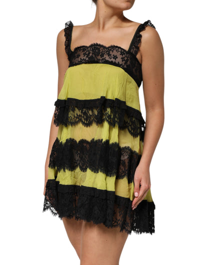 Dolce & Gabbana Women's Babydoll Sleeveless Cotton Silk Lace & Nylon Short Dress - Black Yellow Patterned Floral