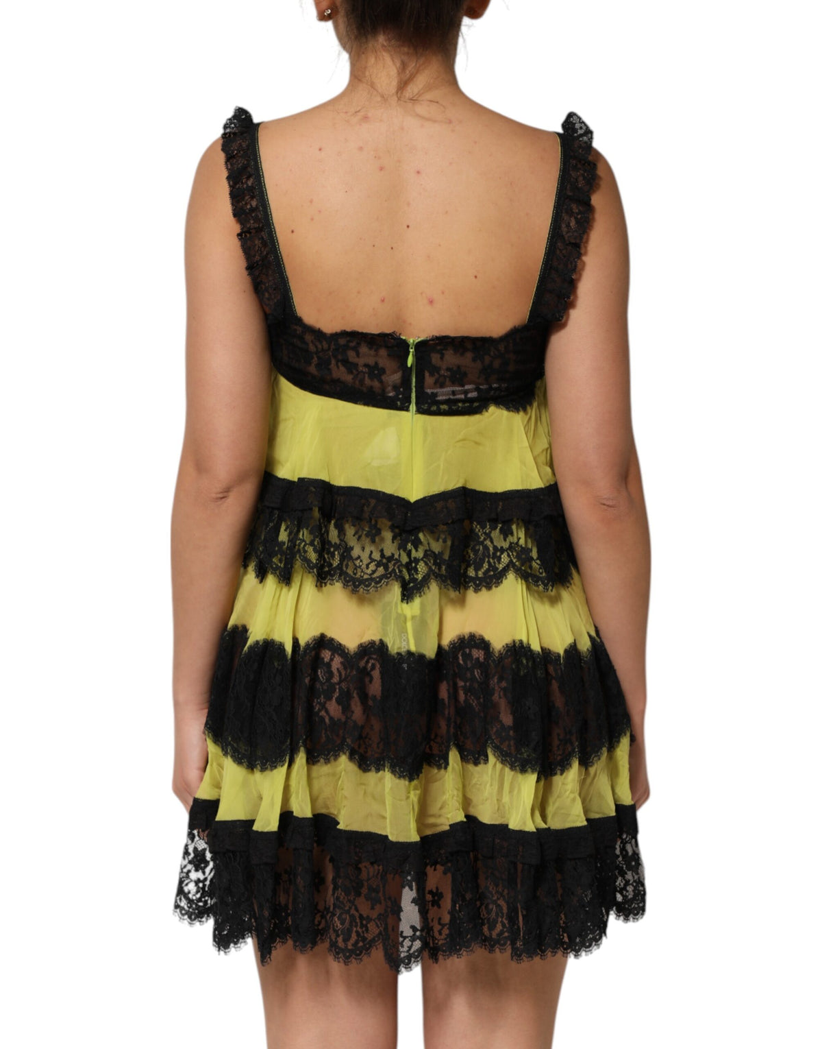 Dolce & Gabbana Women's Babydoll Sleeveless Cotton Silk Lace & Nylon Short Dress - Black Yellow Patterned Floral