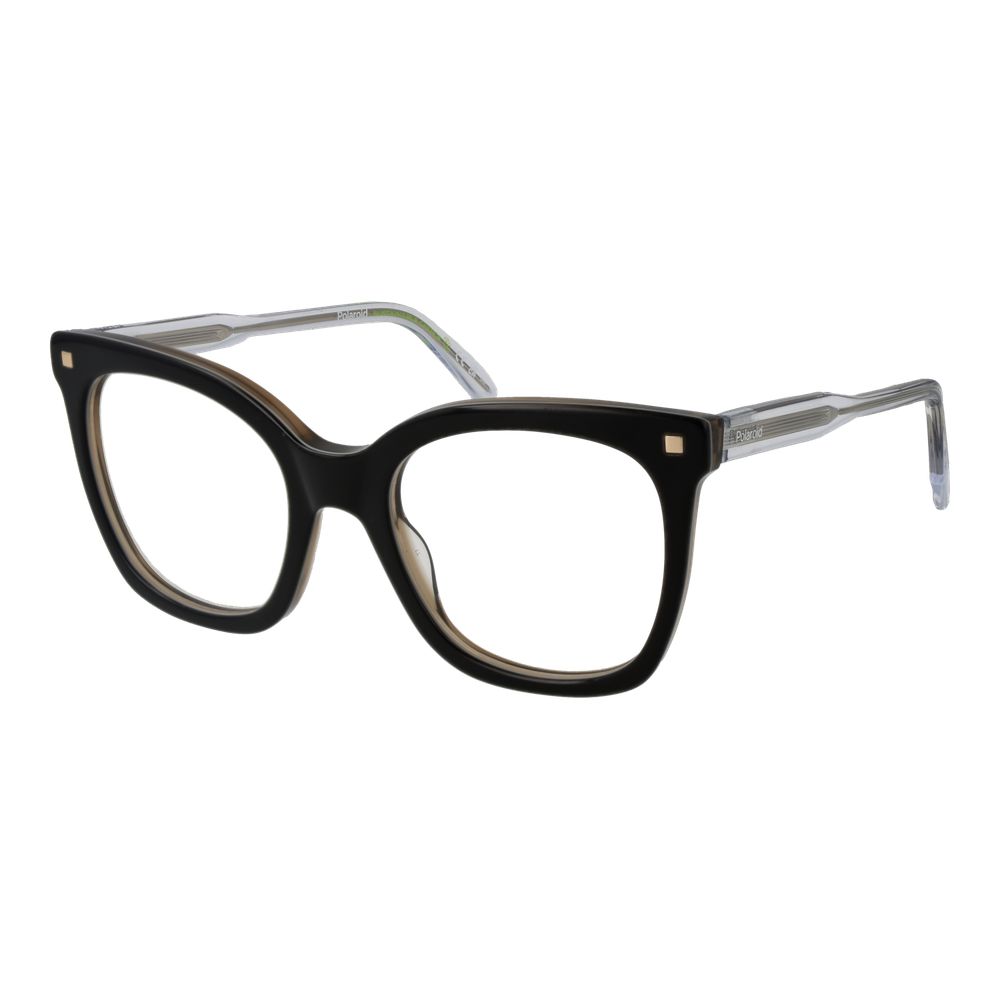 Eyeglasses Frames by Polaroid for women in acetate black showcases a reflective silhouette, artfully incorporating a sophisticated black coloured frame with a distinct full-frame frame design.