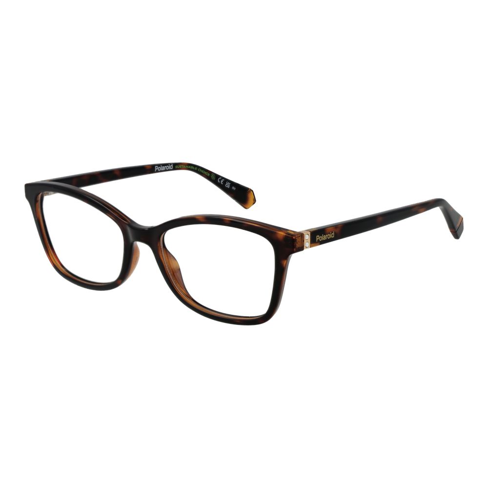 Eyeglasses Frames by Polaroid for women in polyamide brown showcases a reflective silhouette, artfully incorporating a sophisticated brown coloured frame with a distinct full-frame frame design.