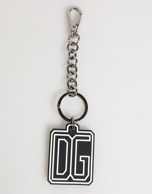 Dolce & Gabbana Black White DG Rubber Logo Silver Men Keychain Keyring