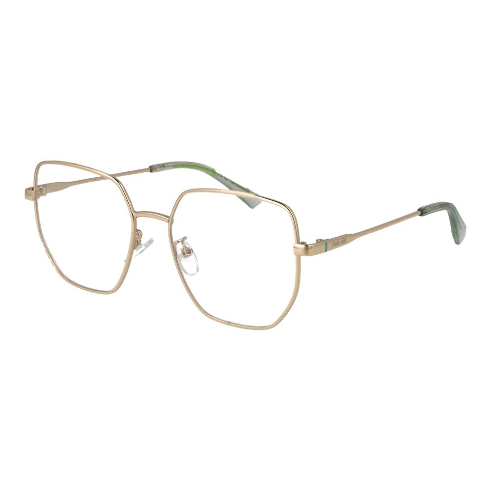 Eyeglasses Frames by Polaroid for women in metal gold showcases a reflective silhouette, artfully incorporating a sophisticated gold coloured frame with a distinct full-frame frame design.