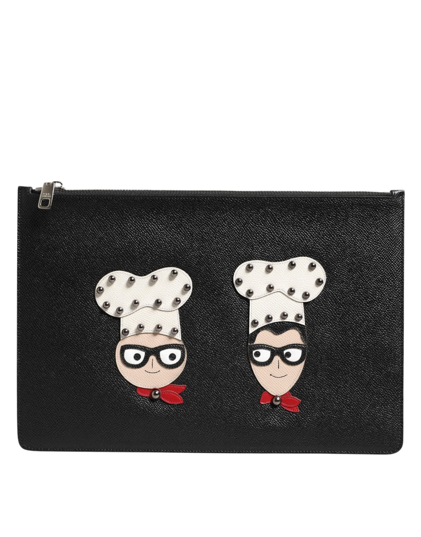 Pouch Clutch Handbag by Dolce & Gabbana for men in pebbled leather black, multicolor & signature features a sculptural silhouette with a secure zipper, organized , and versatile for a sculptural finish.