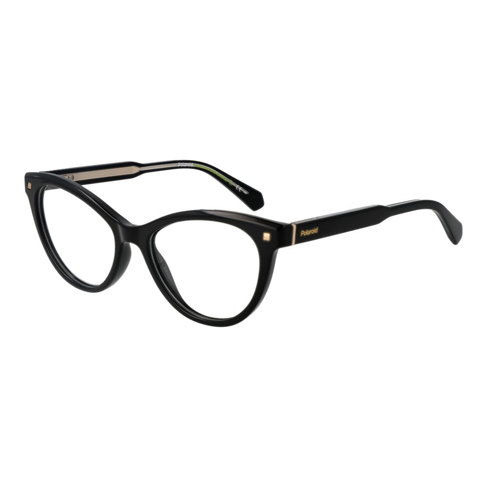 Eyeglasses Frames by Polaroid for women in cellulose propionate black showcases a reflective silhouette, artfully incorporating a sophisticated black coloured frame with a distinct full-frame frame design.