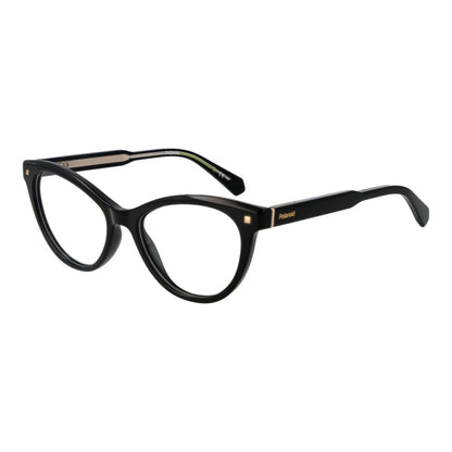 Eyeglasses Frames by Polaroid for women in cellulose propionate black showcases a reflective silhouette, artfully incorporating a sophisticated black coloured frame with a distinct full-frame frame design.