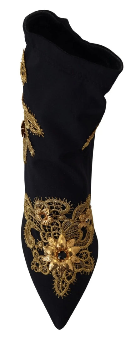 Dolce & Gabbana Women's Nylon Polyester Viscose & Crystal Ankle Boots - Black Gold