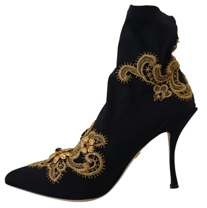 Dolce & Gabbana Women's Nylon Polyester Viscose & Crystal Ankle Boots - Black Gold