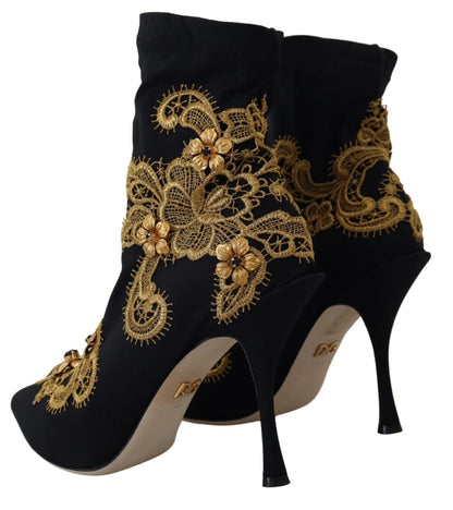 Dolce & Gabbana Women's Nylon Polyester Viscose & Crystal Ankle Boots - Black Gold