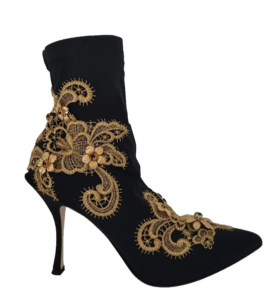 Dolce & Gabbana Women's Nylon Polyester Viscose & Crystal Ankle Boots - Black Gold