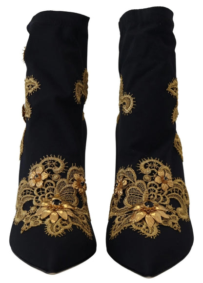 Dolce & Gabbana Women's Nylon Polyester Viscose & Crystal Ankle Boots - Black Gold