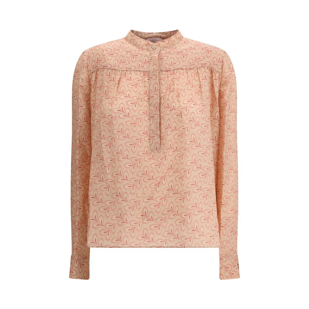 Blouse by Kristina Ti for women in silk multicolor, pink, patterned & print showcases a sharp silhouette, elegantly detailed with a sharp and sharp long-sleeve.