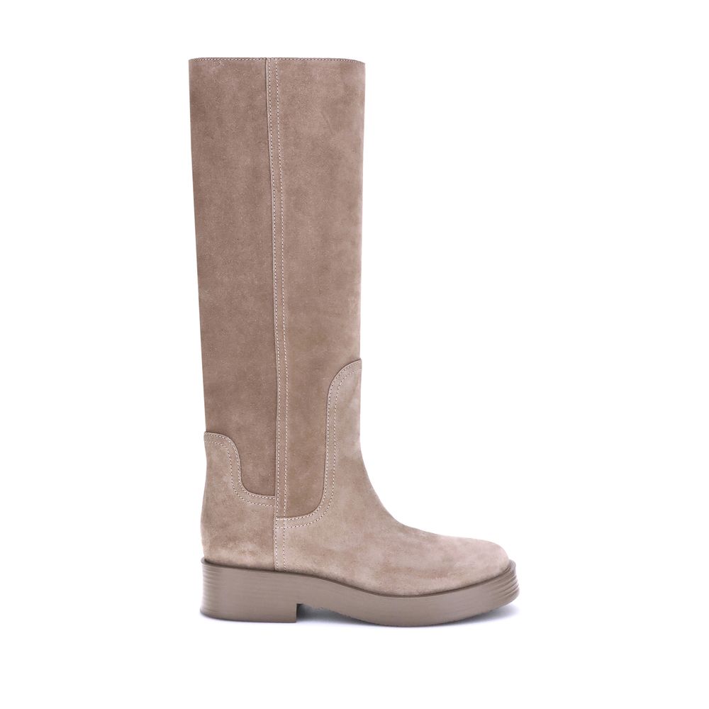 High Knee-High Winter Boots by Casadei for women in bos taurus calf suede leather beige features an dynamic silhouette, showcasing the dynamic Charlie Women's Bos Taurus Calf Suede Leather High Knee-High Winter Boots design with its distinctive block-heel and elegant round toe style.