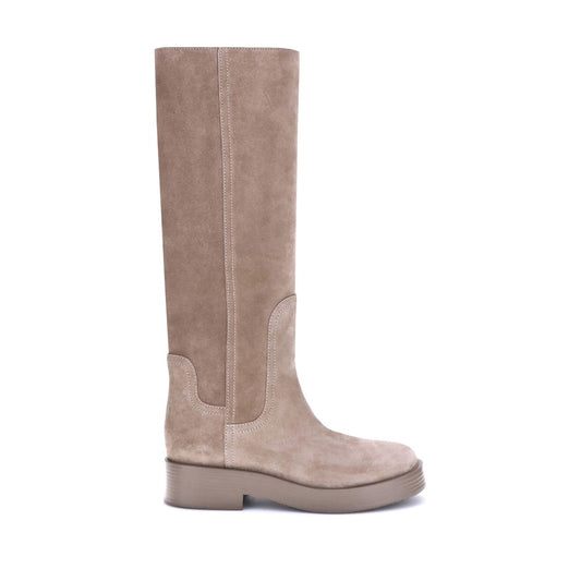 High Knee-High Winter Boots by Casadei for women in bos taurus calf suede leather beige features an dynamic silhouette, showcasing the dynamic Charlie Women's Bos Taurus Calf Suede Leather High Knee-High Winter Boots design with its distinctive block-heel and elegant round toe style.