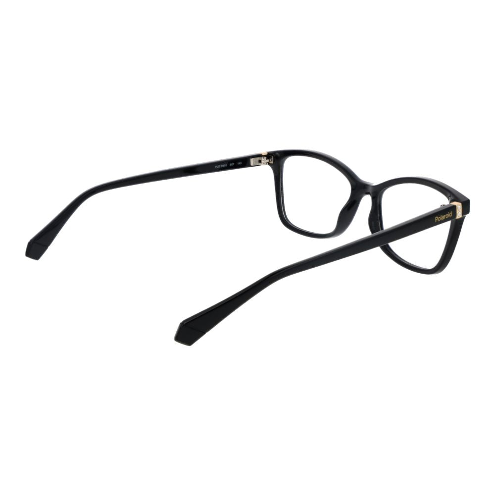 Eyeglasses Frames by Polaroid for women in polyamide black showcases a reflective silhouette, artfully incorporating a sophisticated black coloured frame with a distinct full-frame frame design.