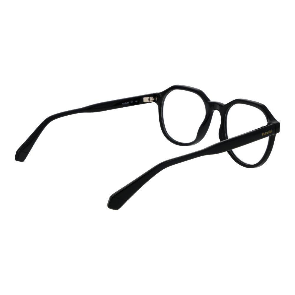 Eyeglasses Frames by Polaroid for unisex in polyamide black showcases a reflective silhouette, artfully incorporating a sophisticated black coloured frame with a distinct full-frame frame design.