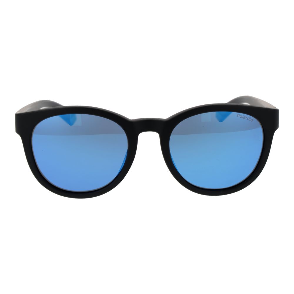 Sunglasses by Polaroid for unisex in polycarbonate black features an lustrous full-rim panto frame design with black coloured frame detailing and polarized mirrored category-3-dark-tint lens for a lustrous aesthetic.