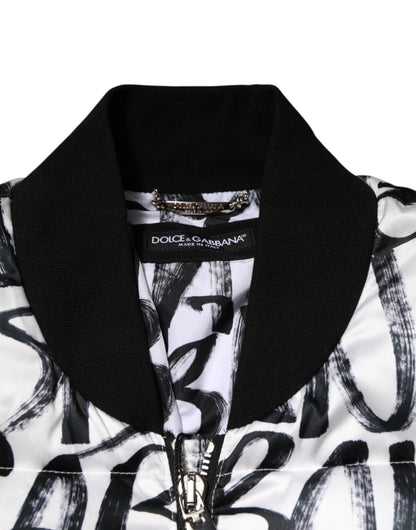 Dolce & Gabbana White Black Graffiti Logo Puffer Bomber Jacket