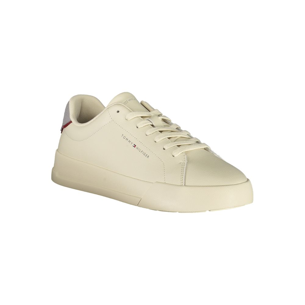 Sneakers by Tommy Hilfiger for men in polyester polyurethane leather beige & gray presents a sumptuous silhouette from the Men's Casual Polyester Polyurethane Leather Sneakers collection, showcasing a sumptuous casual style for an elevated aesthetic.