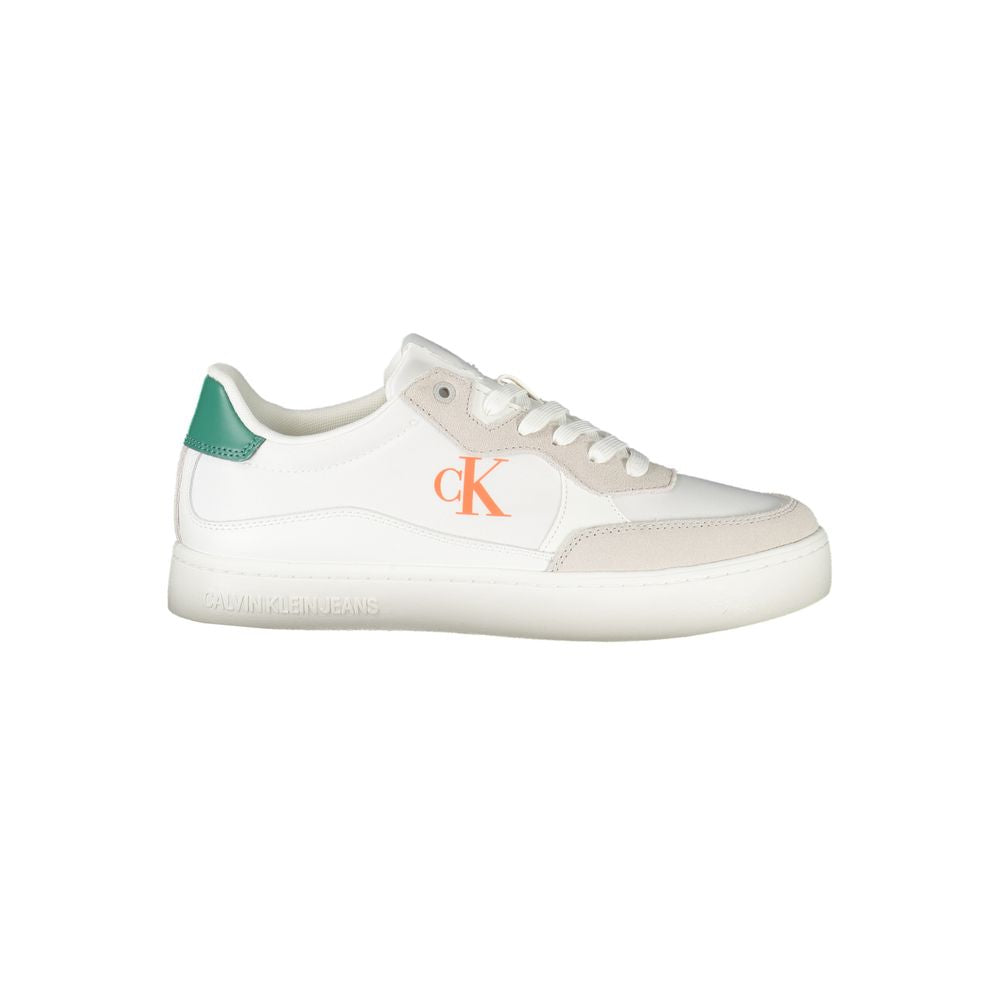 Athletic Sneakers by Calvin Klein for men in polyester polyurethane leather white & print showcases an impeccable silhouette, defined by an impeccable athletic style design that perfectly captures the essence of the Men's Athletic Polyester Polyurethane Leather Sneakers.