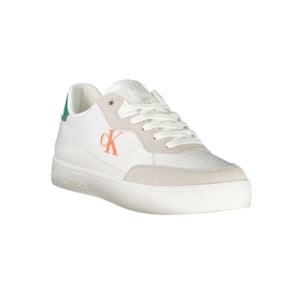 Athletic Sneakers by Calvin Klein for men in polyester polyurethane leather white & print showcases a architectural silhouette, artfully capturing the essence of the Men's Athletic Polyester Polyurethane Leather Sneakers with its signature architectural athletic style construction.