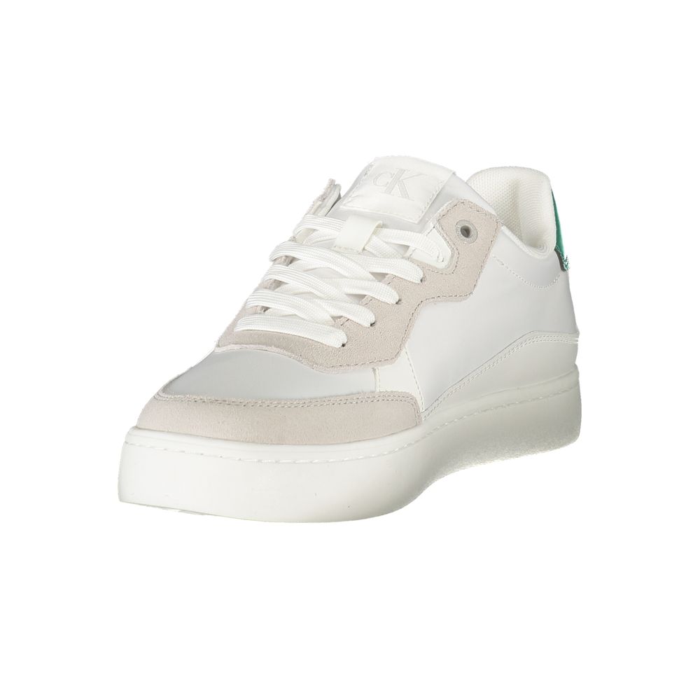 Athletic Sneakers by Calvin Klein for men in polyester polyurethane leather white & print features an architectural silhouette, showcasing the premium athletic style of the Men's Athletic Polyester Polyurethane Leather Sneakers with an architectural finish.