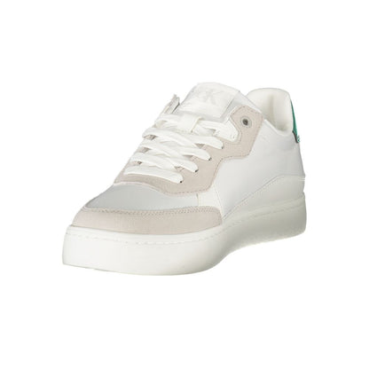Athletic Sneakers by Calvin Klein for men in polyester polyurethane leather white & print features an architectural silhouette, showcasing the premium athletic style of the Men's Athletic Polyester Polyurethane Leather Sneakers with an architectural finish.