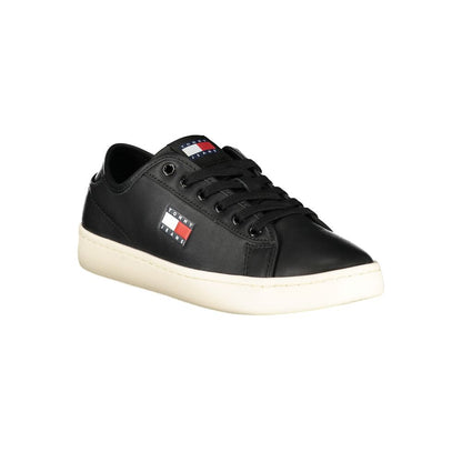 Sneakers by Tommy Hilfiger for women in polyurethane leather black features an opulent silhouette from the Women's Fashion Polyurethane Leather Sneakers collection, showcasing a signature fashion style with an opulent finish.