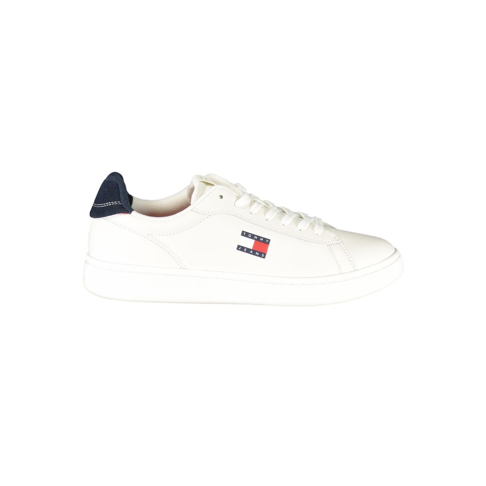 Sneakers by Tommy Hilfiger for men in polyester polyurethane leather blue & white presents a sumptuous silhouette, artfully capturing the essence of the Crisp Men's Fashion Polyester Polyurethane Leather Sneakers with its sumptuous fashion style design.