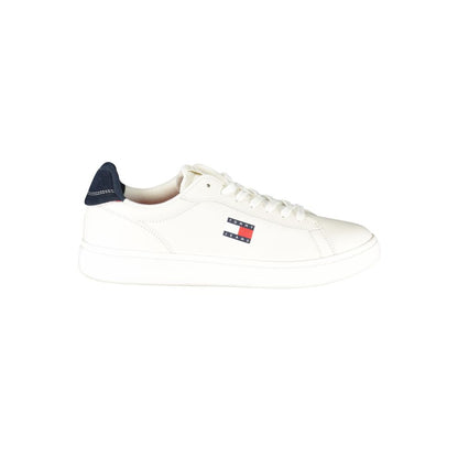 Sneakers by Tommy Hilfiger for men in polyester polyurethane leather blue & white presents a sumptuous silhouette, artfully capturing the essence of the Crisp Men's Fashion Polyester Polyurethane Leather Sneakers with its sumptuous fashion style design.