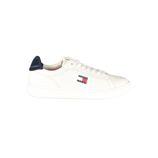 Sneakers by Tommy Hilfiger for men in polyester polyurethane leather blue & white presents a sumptuous silhouette, artfully capturing the essence of the Crisp Men's Fashion Polyester Polyurethane Leather Sneakers with its sumptuous fashion style design.