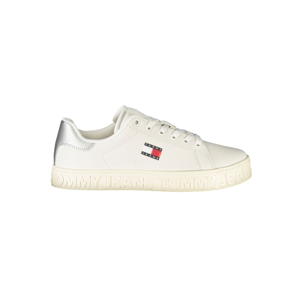 Sneakers by Tommy Hilfiger for women in polyester polyethylene leather silver & white presents a sumptuous silhouette from the Women's Fashion Polyester Polyethylene Leather Sneakers collection, showcasing a sumptuous fashion style for an elevated aesthetic.