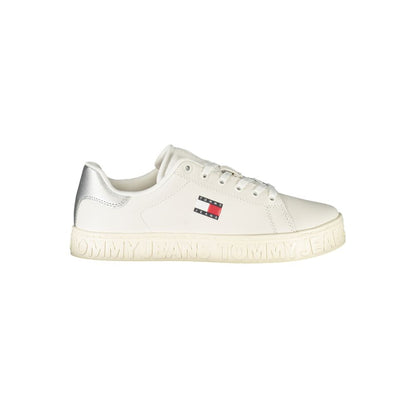 Sneakers by Tommy Hilfiger for women in polyester polyethylene leather silver & white presents a sumptuous silhouette from the Women's Fashion Polyester Polyethylene Leather Sneakers collection, showcasing a sumptuous fashion style for an elevated aesthetic.